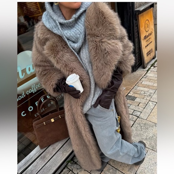 ZARA TAUPE GRAY LONG FAUX FUR COAT - Picture 4 of 16